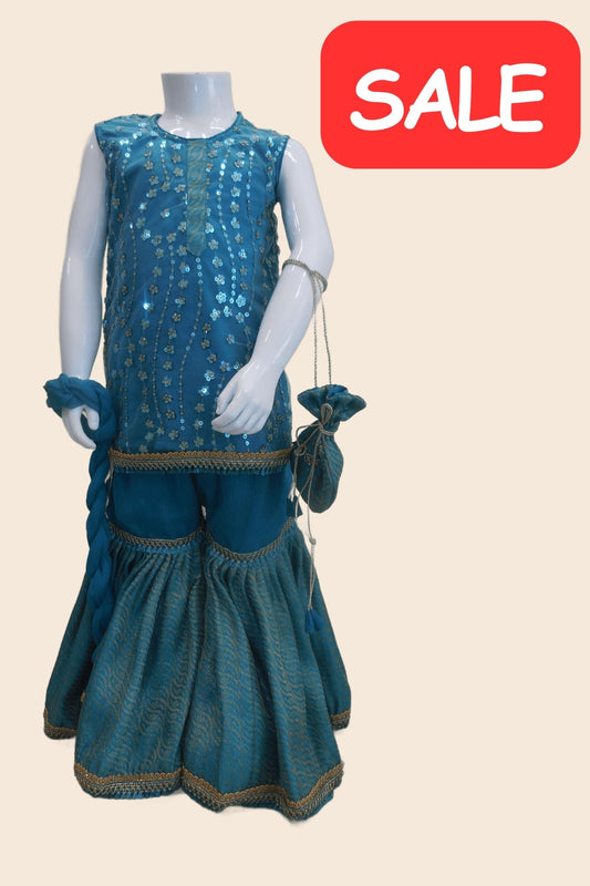 4 - piece embroidered Gharara Suit with Dupatta and Batwa.