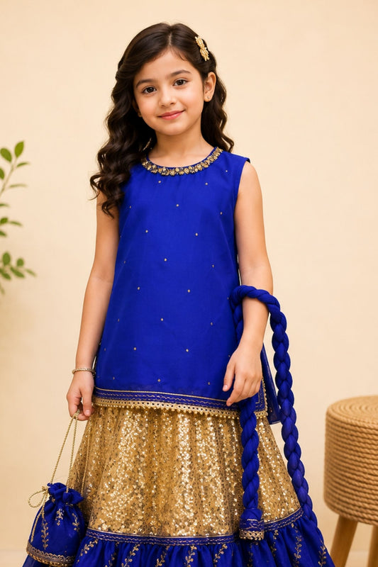4 - piece Hand embroidered Frarshi Sharara Suit with Dupatta and Batwa.G10393.