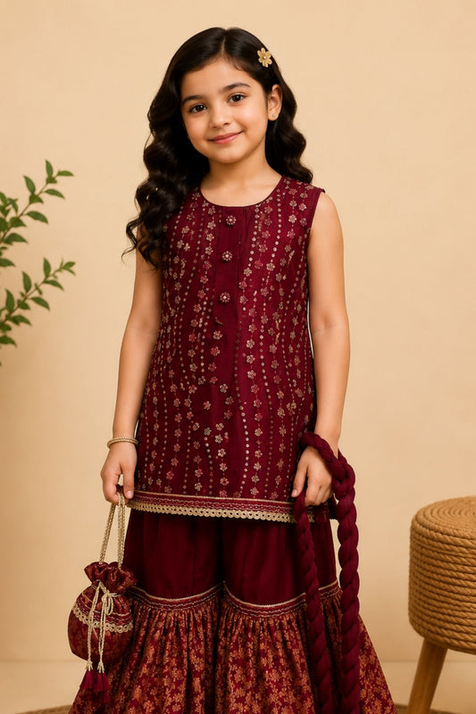 4 - piece embroidered Gharara Suit with Dupatta and Batwa. (10382)