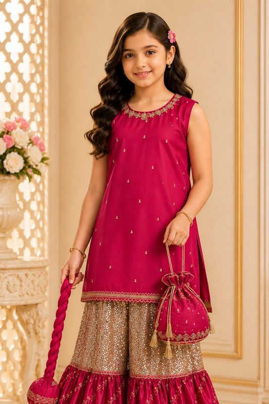 4 - piece Hand embroidered Frarshi Sharara Suit with Dupatta and Batwa.G10354.
