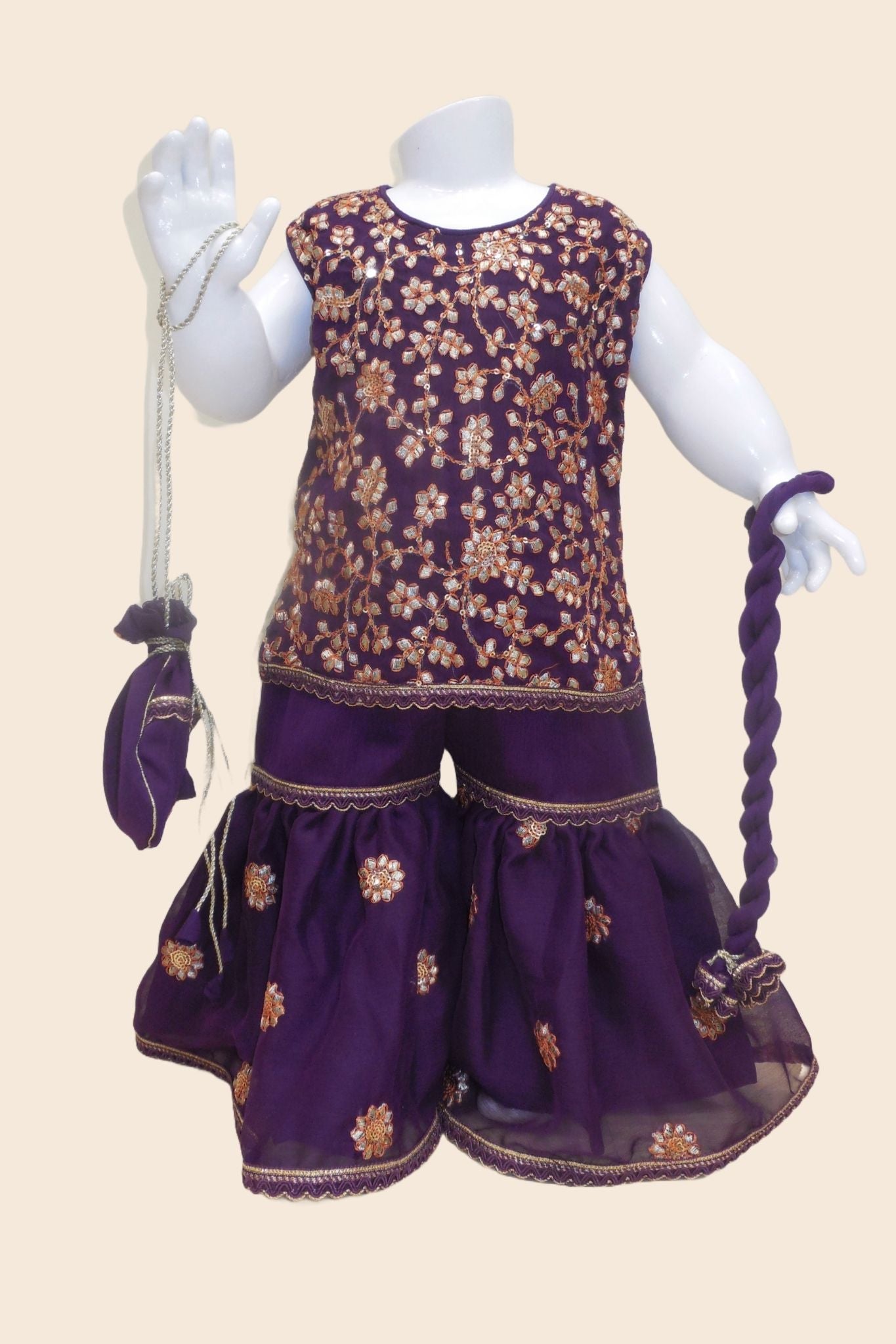 4 - piece embroidered Gharara Suit with Dupatta and Batwa.G10451 PURPLE