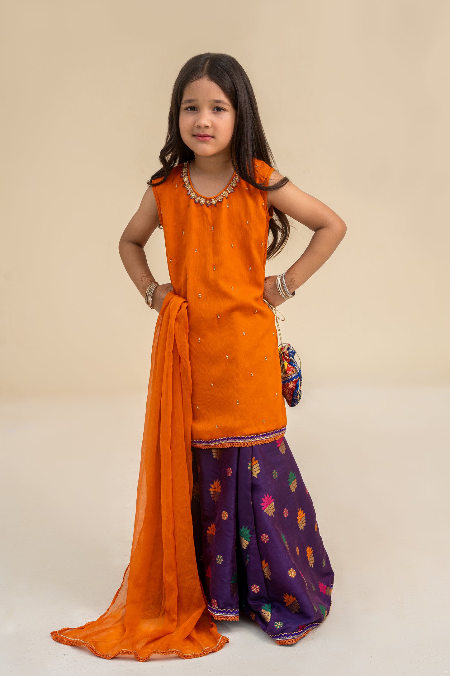 4 - piece Hand Embroidered Sharara Suit with Dupatta and Batwa. G10423