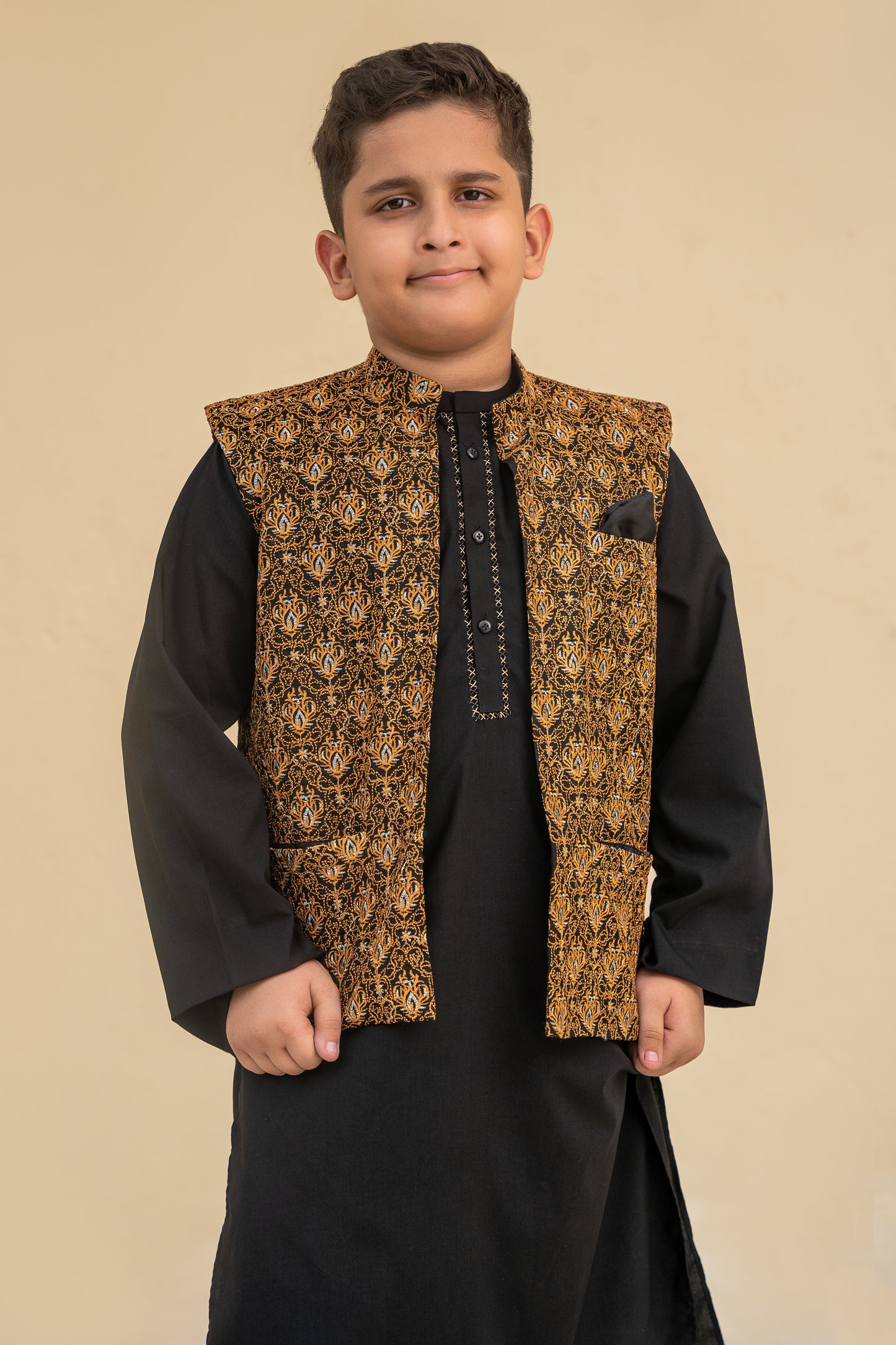 Black kurta shalwar with waistcoat.B4009