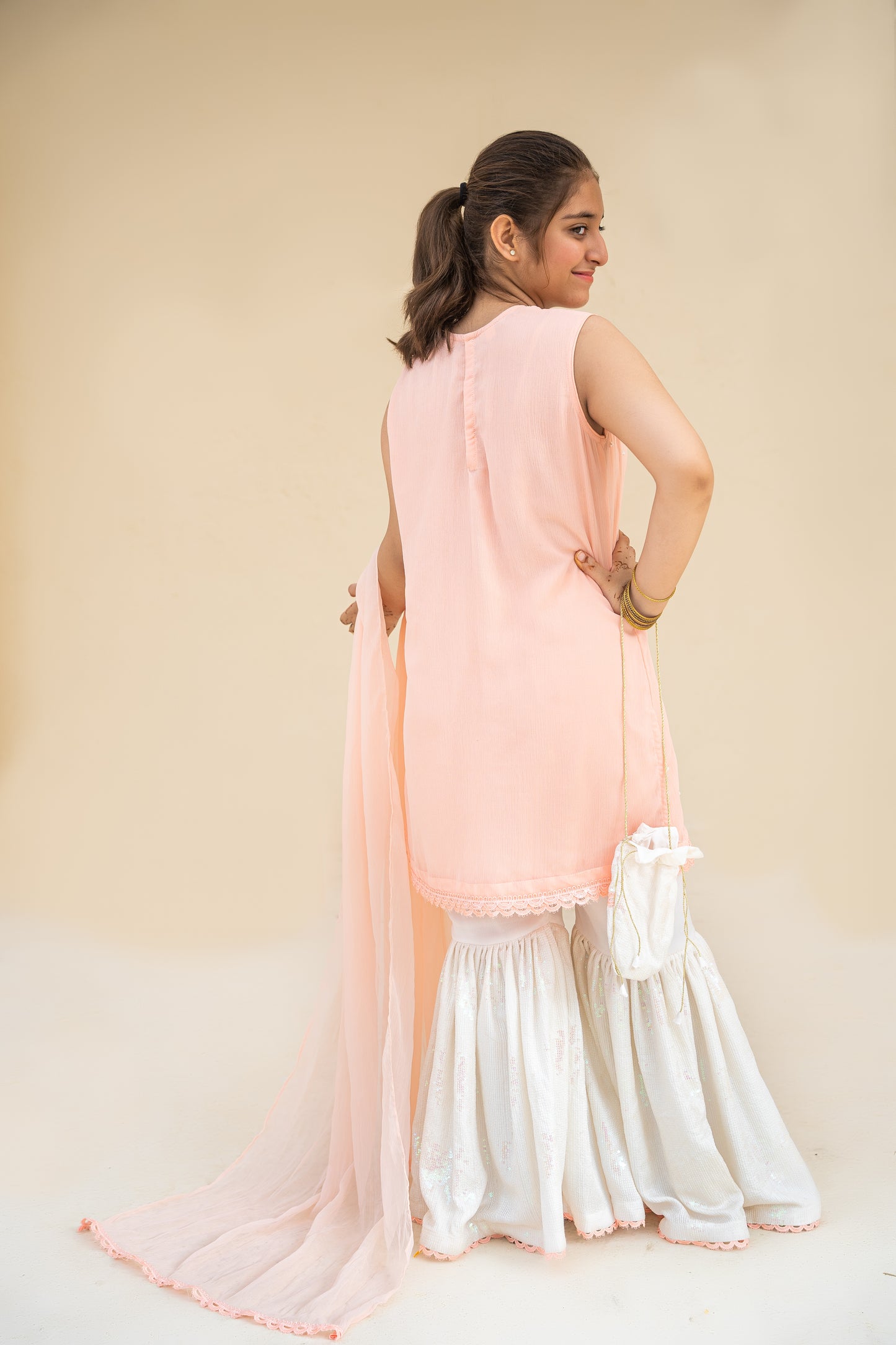 4 - piece Hand embroidered Gharara Pants Suit with Dupatta and Batwa.G10459