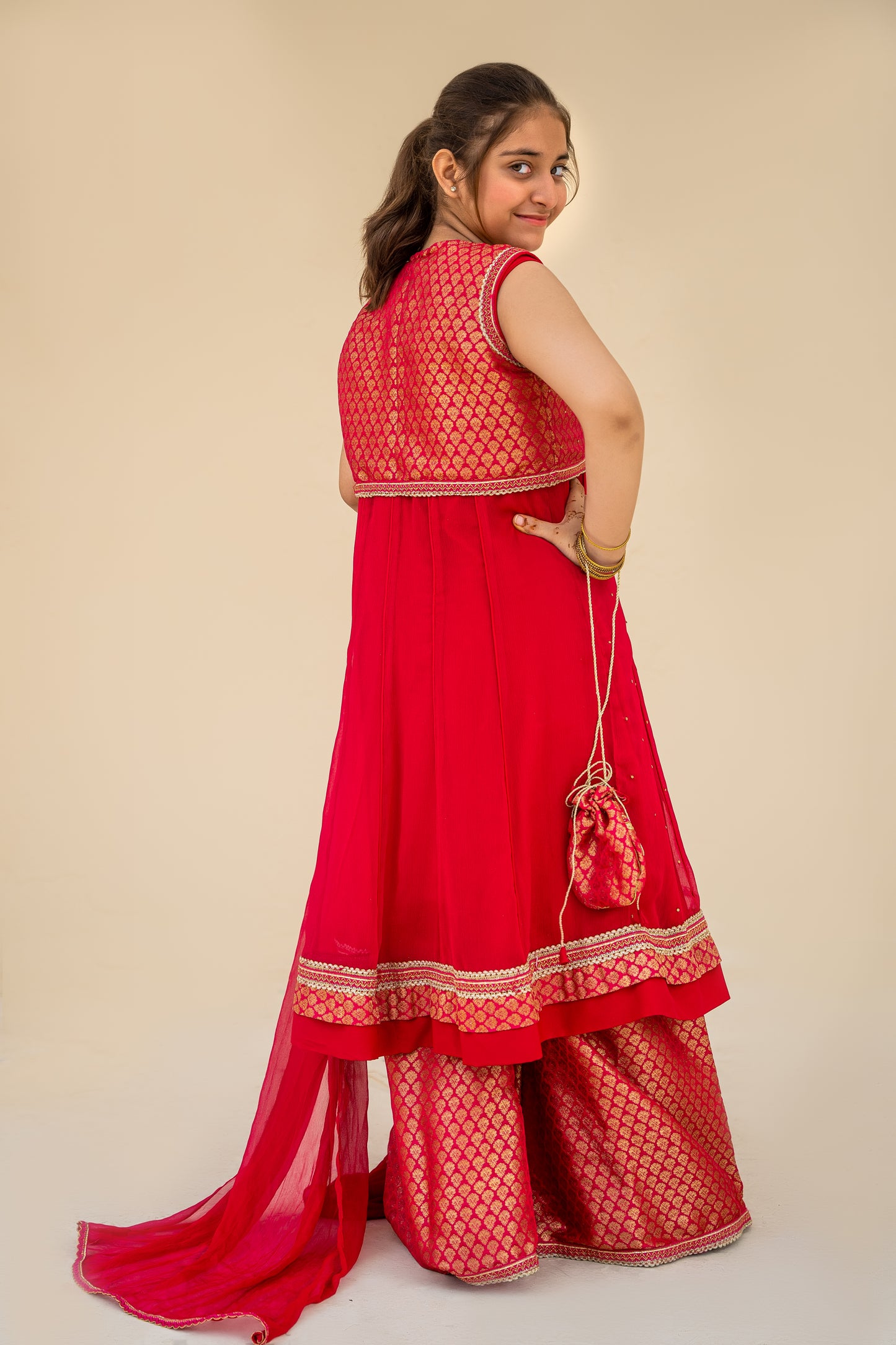 4 - piece Hand embroidered Kameez with Palazzo, Dupatta and Batwa.G10439