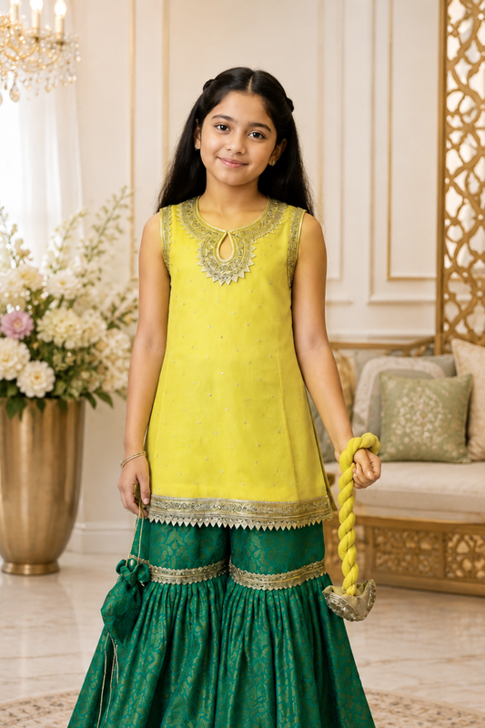 4 - piece embroidered Gharara Suit with Dupatta and Batwa. Hyderabadi 1