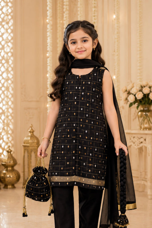 4 - piece Kameez Suit with Dupatta and Batwa. G10508(Black)