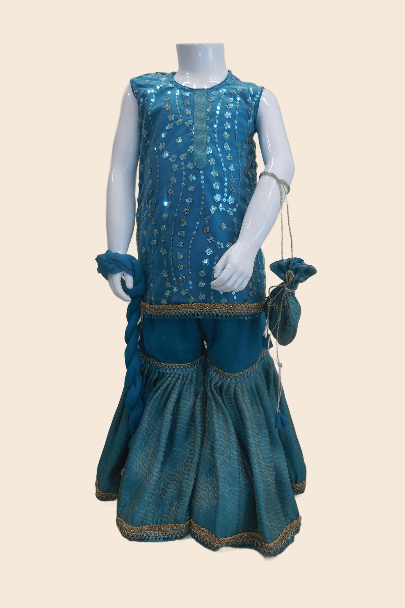 4 - piece embroidered Gharara Suit with Dupatta and Batwa.