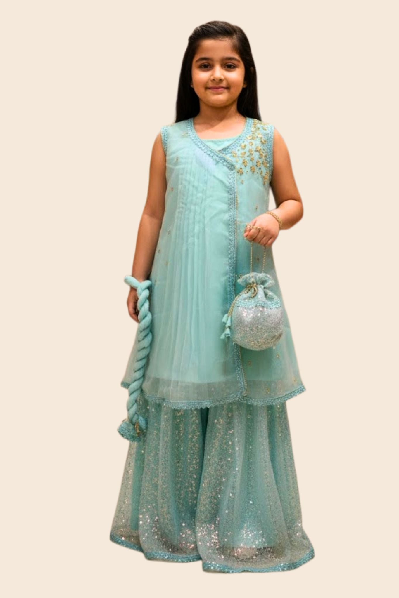 4 - piece Hand embroidered  Sharara Suit with Dupatta and Batwa.G1