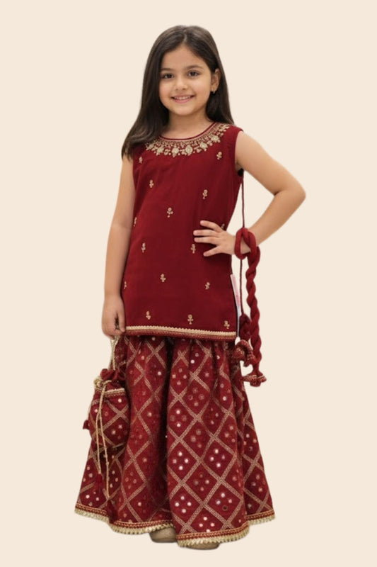 4 - piece Hand Embroidered  Sharara Suit with Dupatta and Batwa. G10504