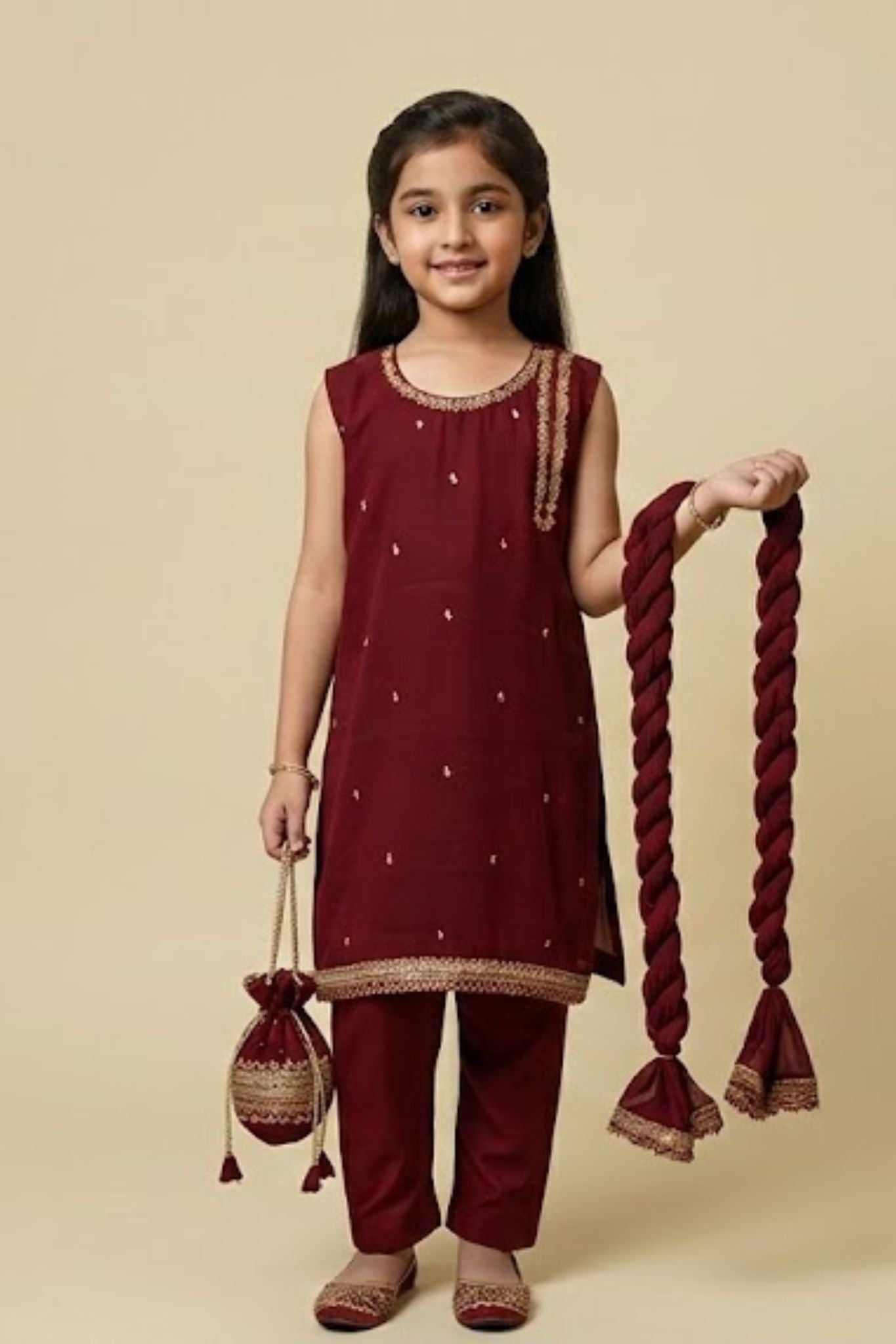 4 - piece Hand Embroidered Kameez Suit with Dupatta and Batwa. G10519