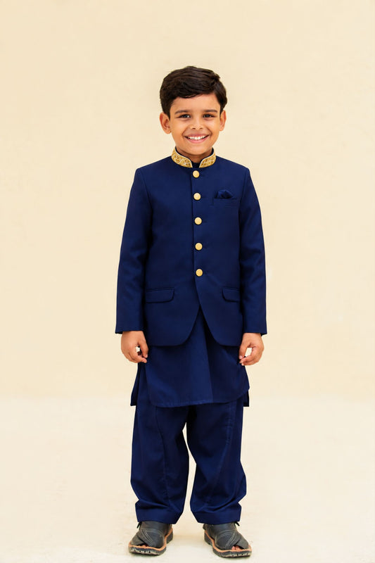 Navy, Black, Off-White, White, and Maroon Kurta Shalwar with Prince Coat (B4011)