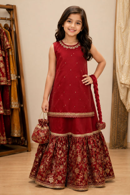 4 - piece Hand embroidered  Frarshi Sharara Suit with Dupatta and Batwa.G10557