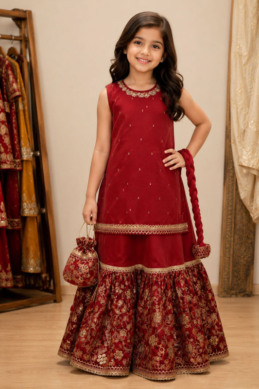 4 - piece Hand embroidered  Frarshi Sharara Suit with Dupatta and Batwa.G10557