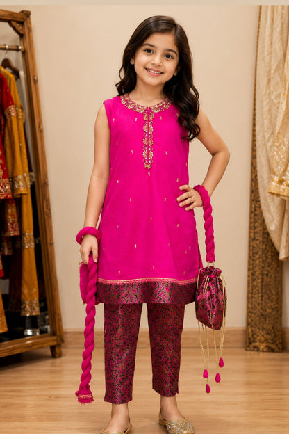 4 - piece Hand Embroidered Kameez Suit with Dupatta and Batwa. G10506