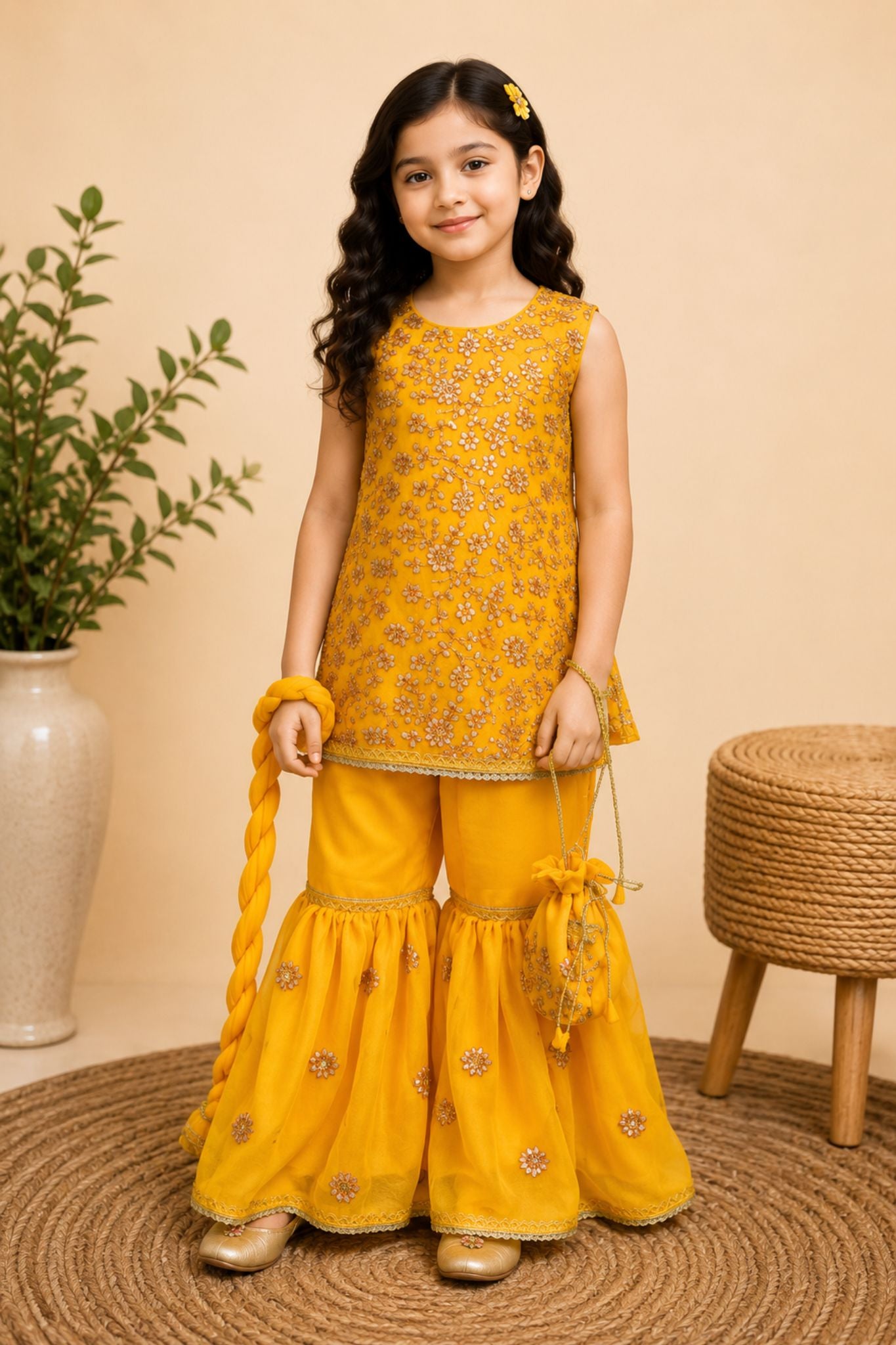 4 - piece embroidered Gharara Suit with Dupatta and Batwa.G10451