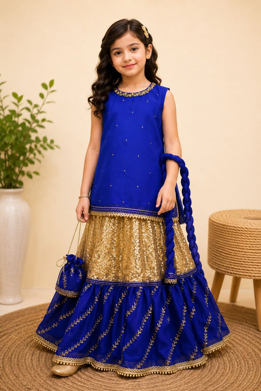 4 - piece Hand embroidered Frarshi Sharara Suit with Dupatta and Batwa.G10393.