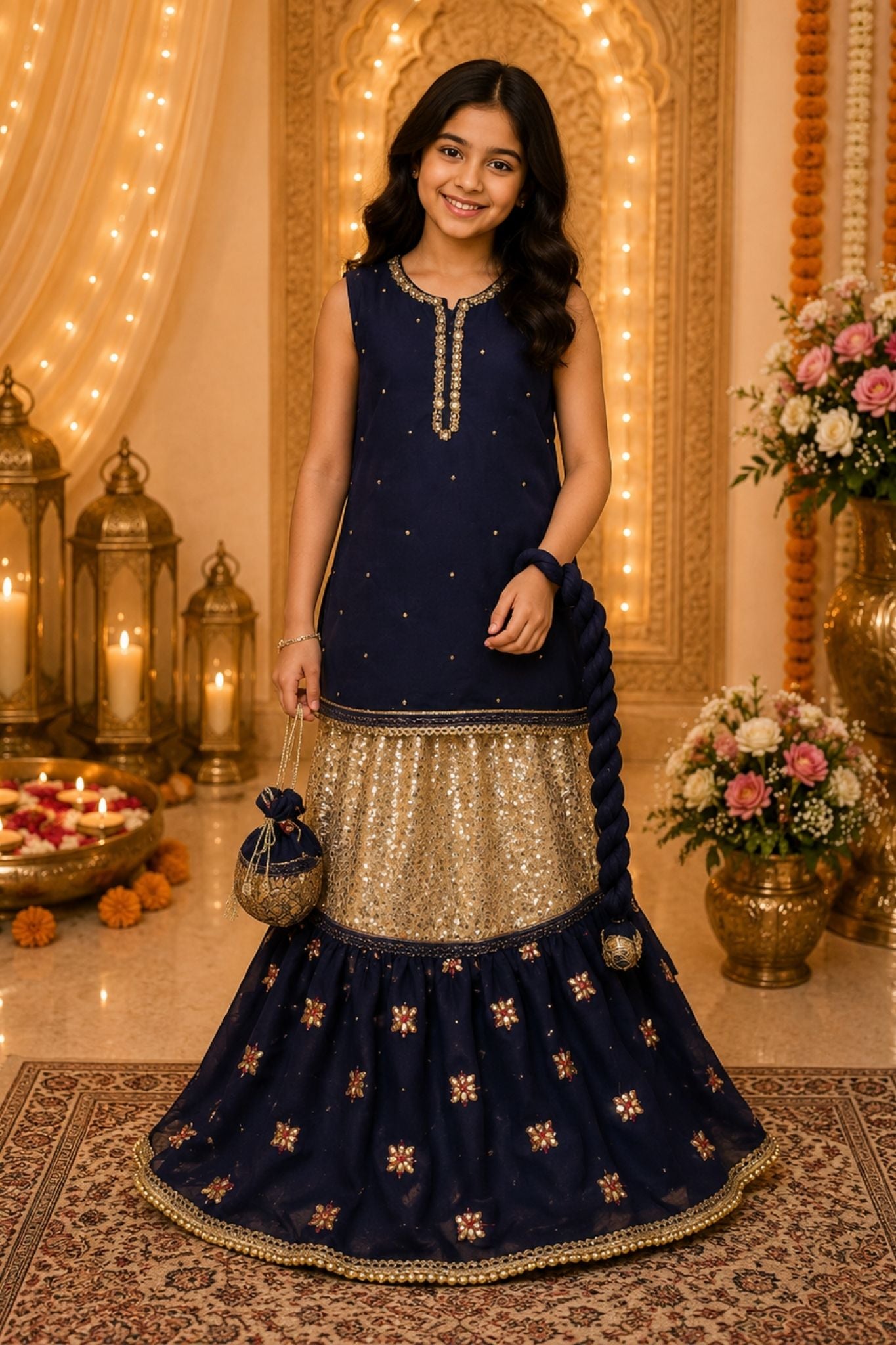 4 - piece Hand embroidered Frarshi Sharara Suit with Dupatta and Batwa.G1368