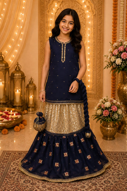 4 - piece Hand embroidered Frarshi Sharara Suit with Dupatta and Batwa.G1368