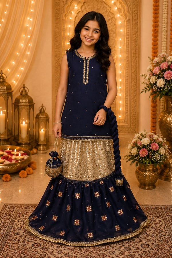 4 - piece Hand embroidered Frarshi Sharara Suit with Dupatta and Batwa.G1368
