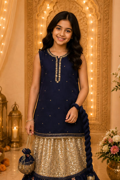 4 - piece Hand embroidered Frarshi Sharara Suit with Dupatta and Batwa.G1368
