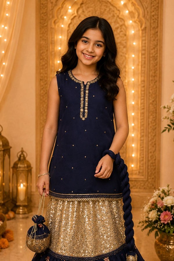 4 - piece Hand embroidered Frarshi Sharara Suit with Dupatta and Batwa.G1368