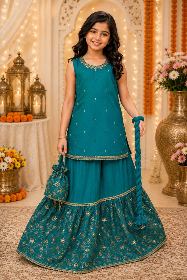 4 - piece Hand embroidered  Frarshi Sharara Suit with Dupatta and Batwa.G10557 -2