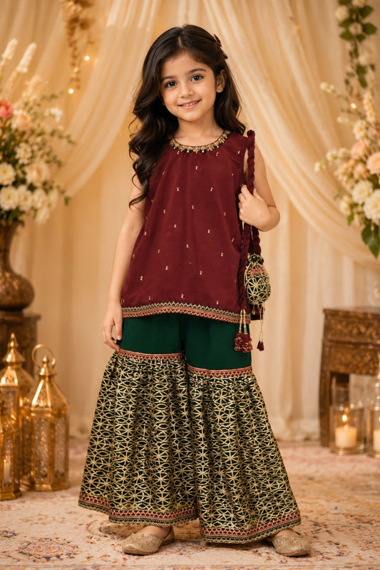 4 - piece embroidered Gharara Suit with Dupatta and Batwa.G10514