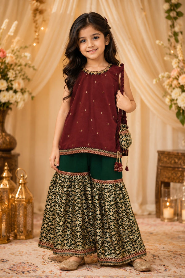 4 - piece embroidered Gharara Suit with Dupatta and Batwa.G10514