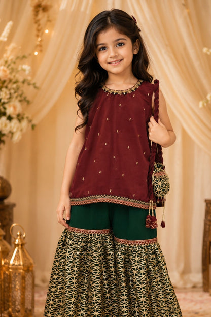 4 - piece embroidered Gharara Suit with Dupatta and Batwa.G10514