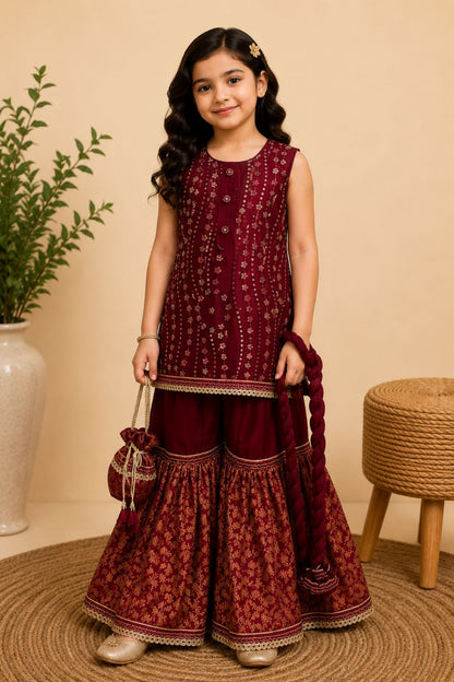 4 - piece embroidered Gharara Suit with Dupatta and Batwa. (10382)