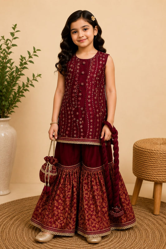 4 - piece embroidered Gharara Suit with Dupatta and Batwa. (10382)