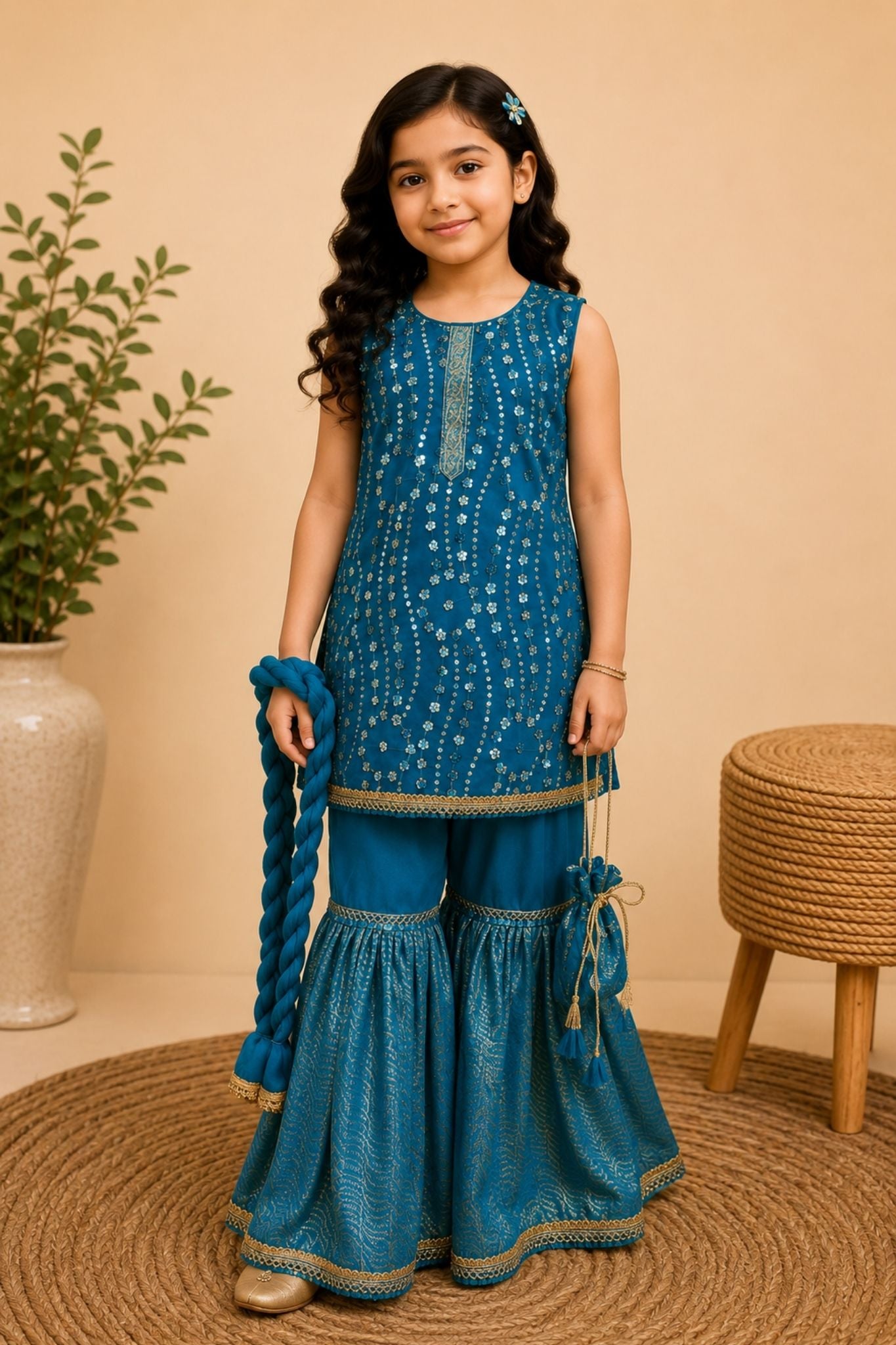 4 - piece embroidered Gharara Suit with Dupatta and Batwa.