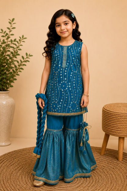 4 - piece embroidered Gharara Suit with Dupatta and Batwa.