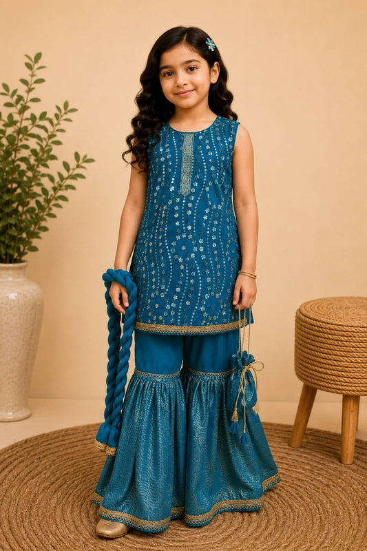 4 - piece embroidered Gharara Suit with Dupatta and Batwa.