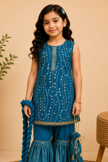 4 - piece embroidered Gharara Suit with Dupatta and Batwa.