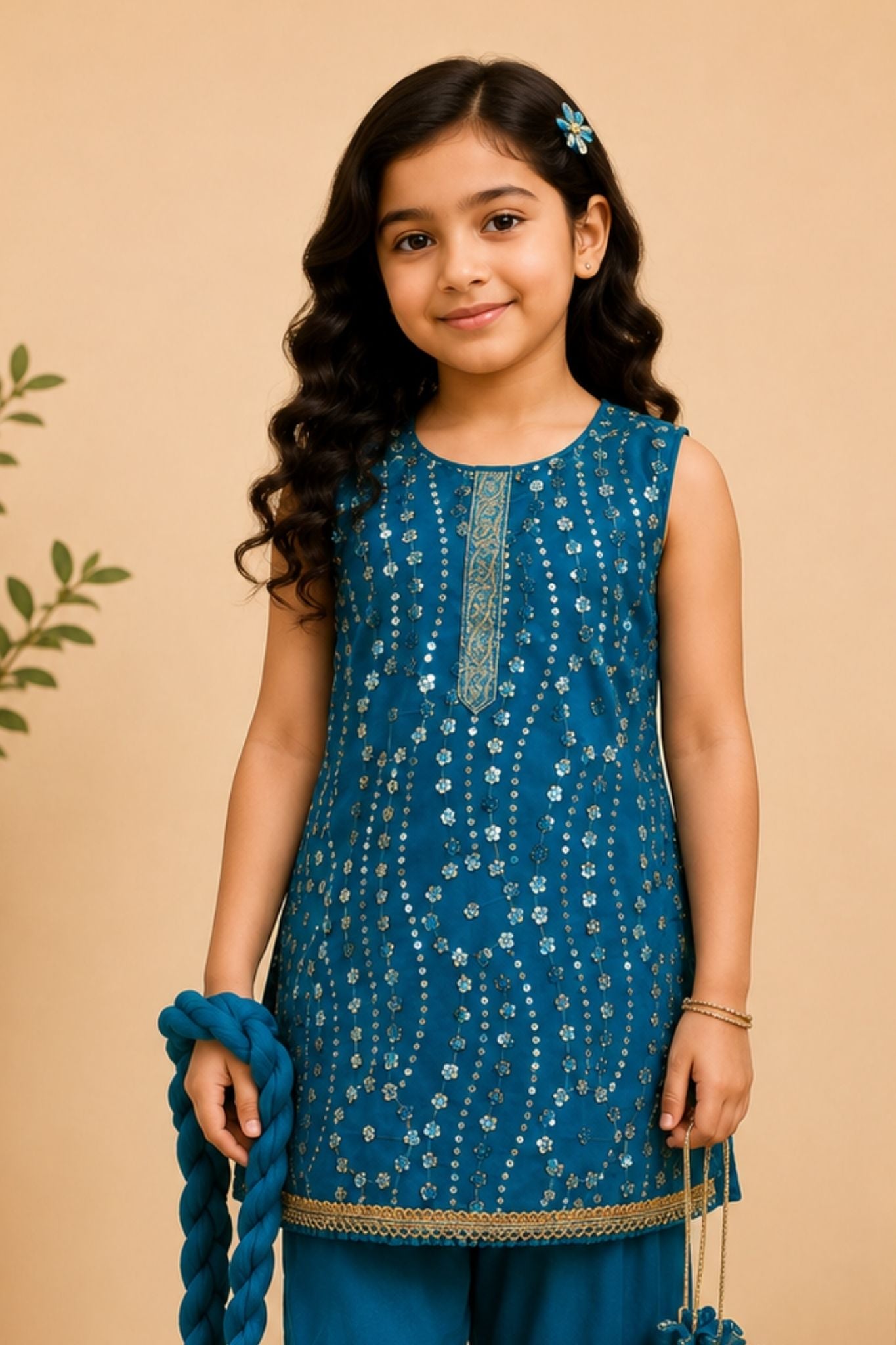 4 - piece embroidered Gharara Suit with Dupatta and Batwa.
