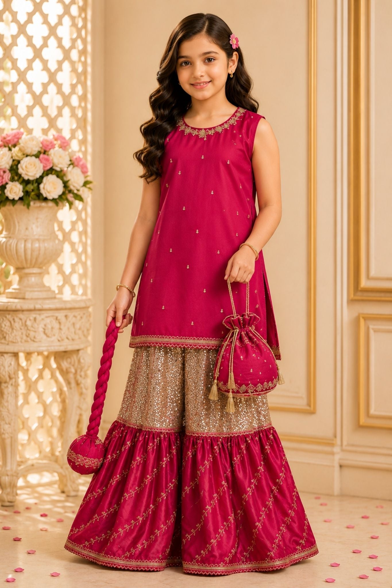 4 - piece Hand embroidered Frarshi Sharara Suit with Dupatta and Batwa.G10354.