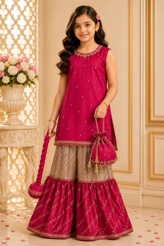 4 - piece Hand embroidered Frarshi Sharara Suit with Dupatta and Batwa.G10354.