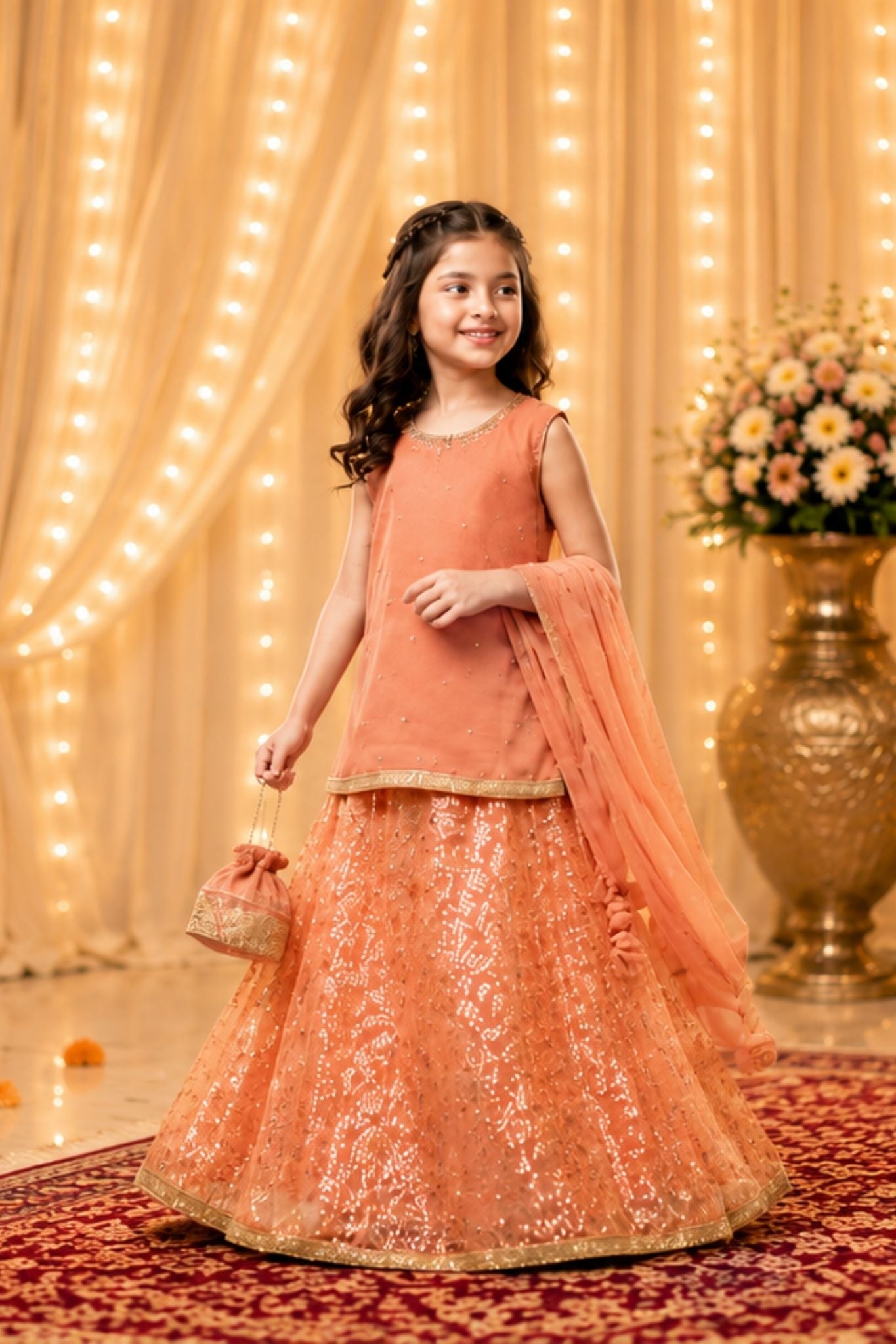 4 - piece Hand embroidered  Sharara Suit with Dupatta and Batwa.G10 (peach)