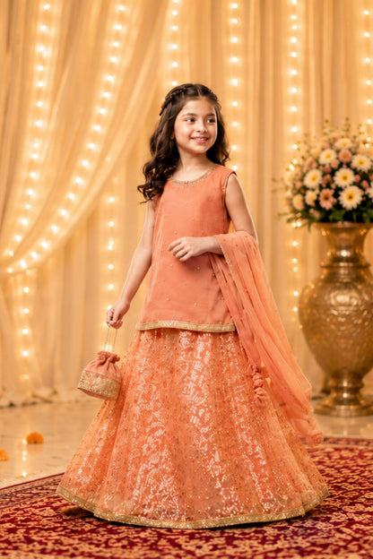 4 - piece Hand embroidered  Sharara Suit with Dupatta and Batwa.G10 (peach)