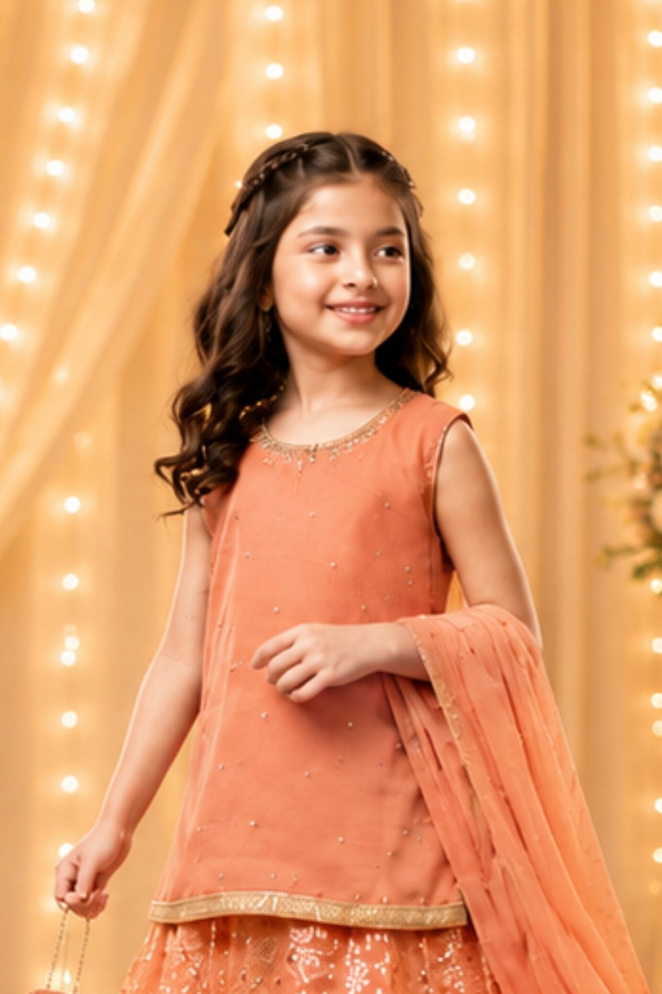 4 - piece Hand embroidered  Sharara Suit with Dupatta and Batwa.G10 (peach)