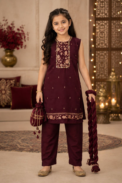 4 - piece Hand embroidered Kameez Suit with Dupatta and Batwa. G10531