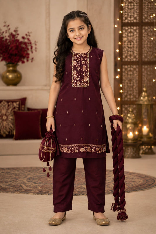 4 - piece Hand embroidered Kameez Suit with Dupatta and Batwa. G10531