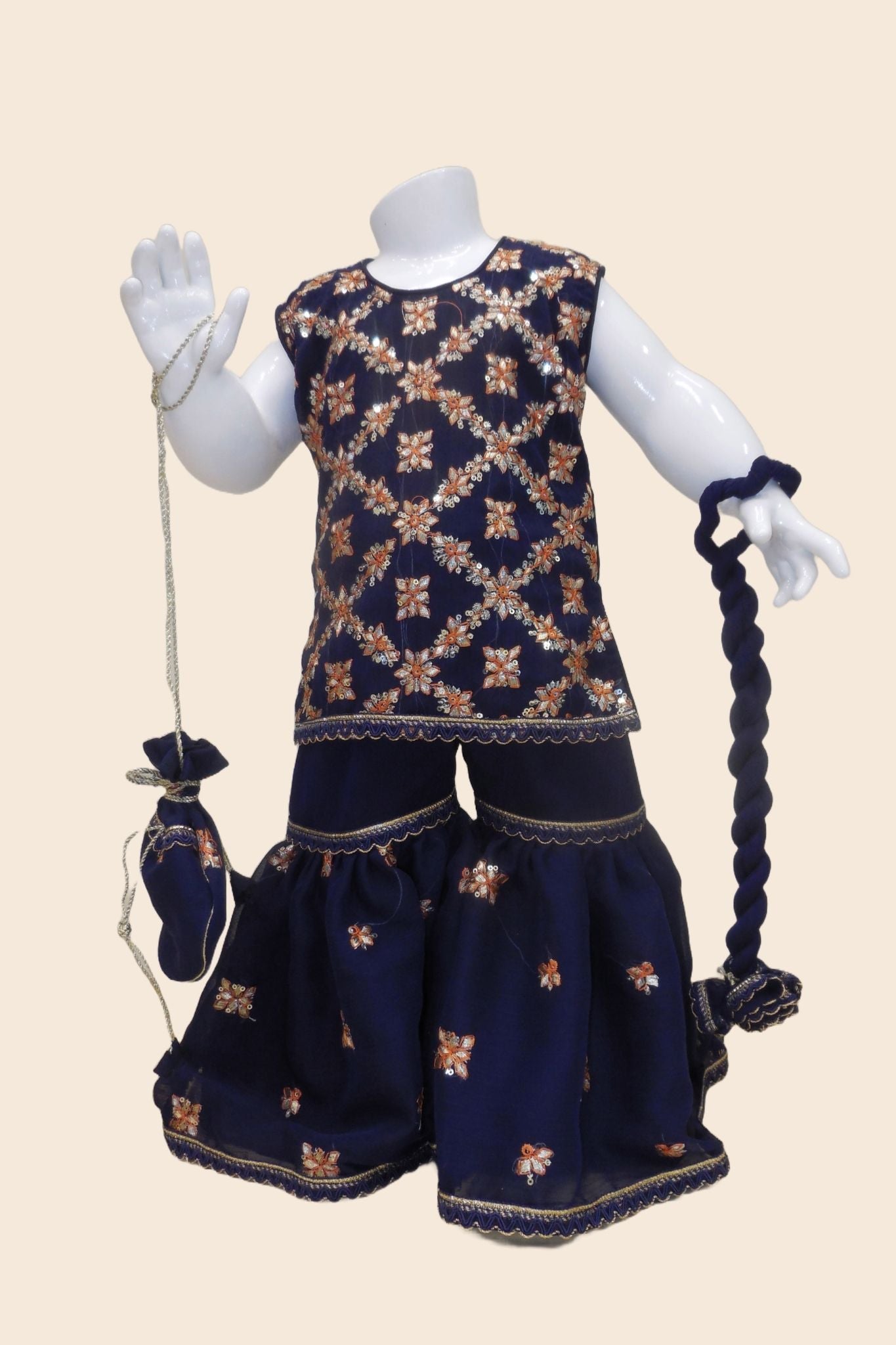 4 - piece embroidered Gharara Suit with Dupatta and Batwa.G10451 navy blue