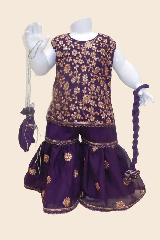 4 - piece embroidered Gharara Suit with Dupatta and Batwa.G10451 PURPLE