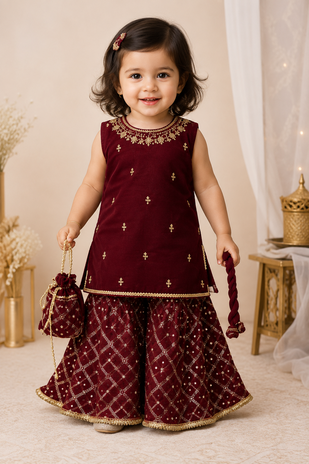 4 - piece Hand Embroidered  Sharara Suit with Dupatta and Batwa. G10504