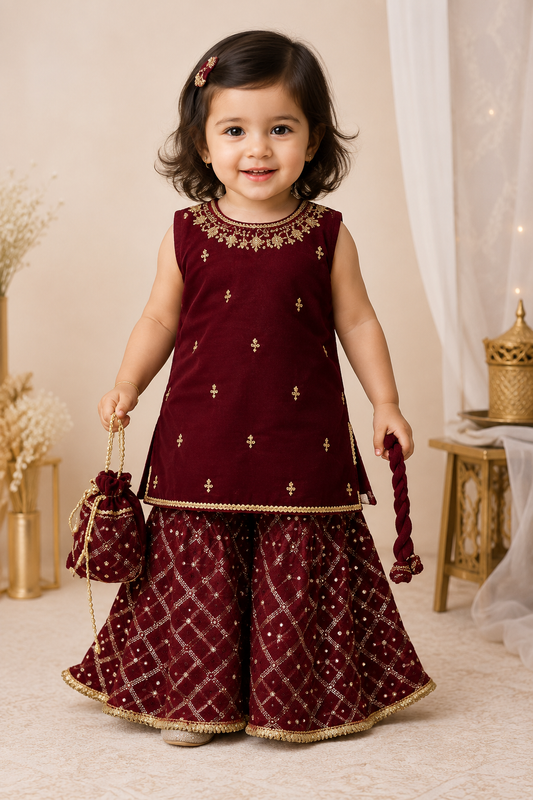 4 - piece Hand Embroidered  Sharara Suit with Dupatta and Batwa. G10504