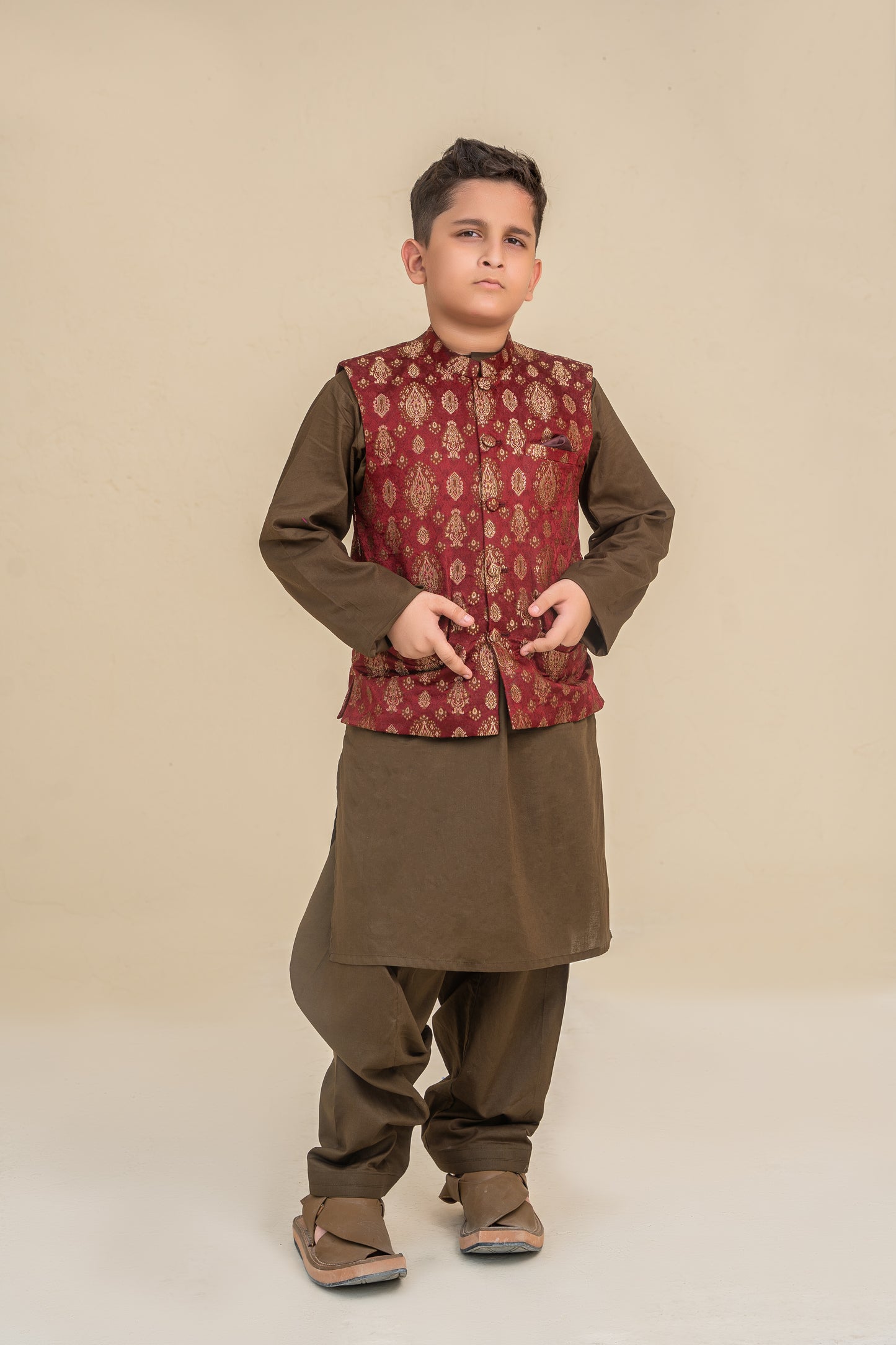 Olive green kurta shalwar with waistcoat .B3088