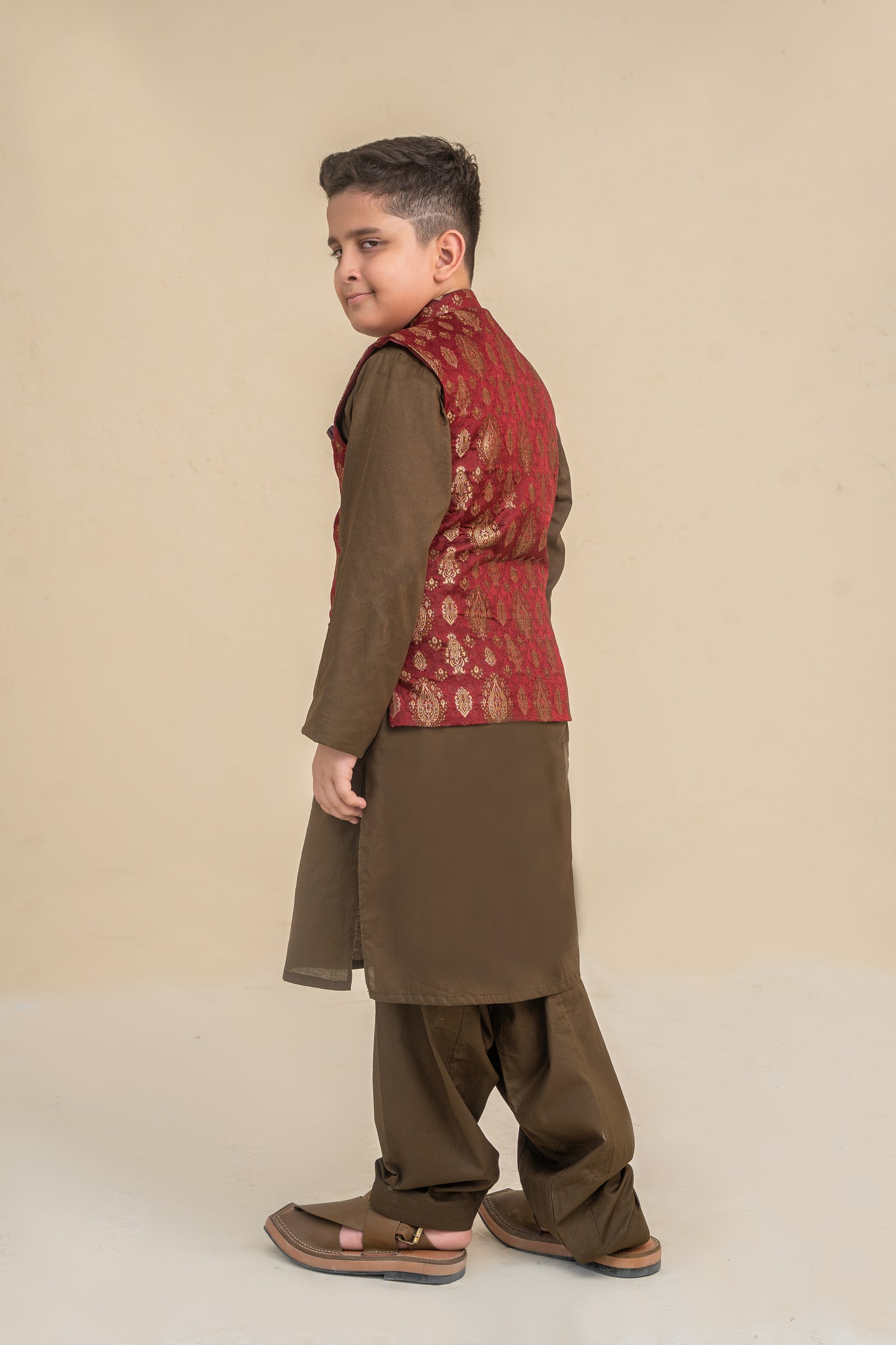 Olive green kurta shalwar with waistcoat .B3088